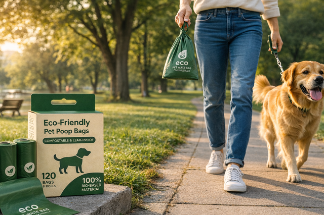Eco-friendly pet poop bags -- rolls and packaging on display