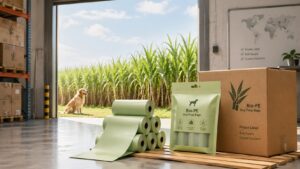 Bio-PE dog poop bag rolls and private label packaging with sugarcane field and B2B supply setting