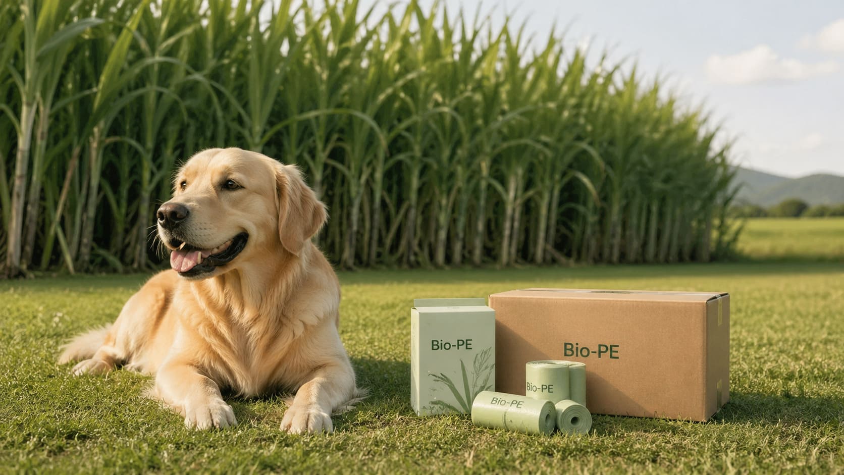Bio-PE dog poop bags made from sugarcane-derived material, displayed against a sugarcane field background