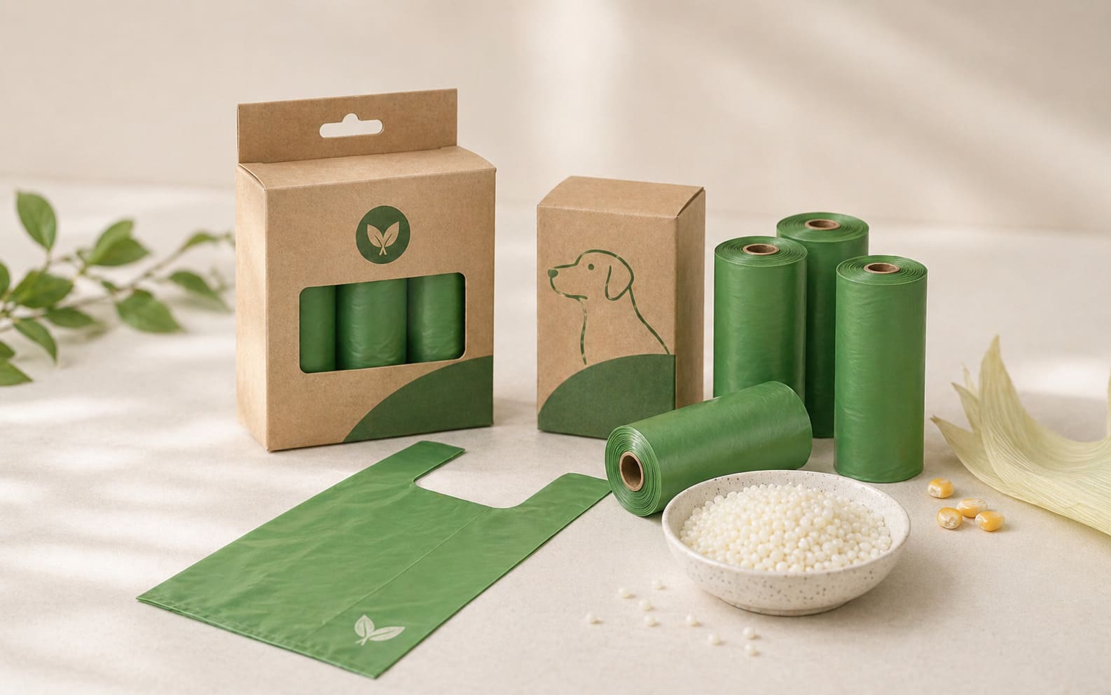 Compostable dog poop bags made from cornstarch and bio-based materials