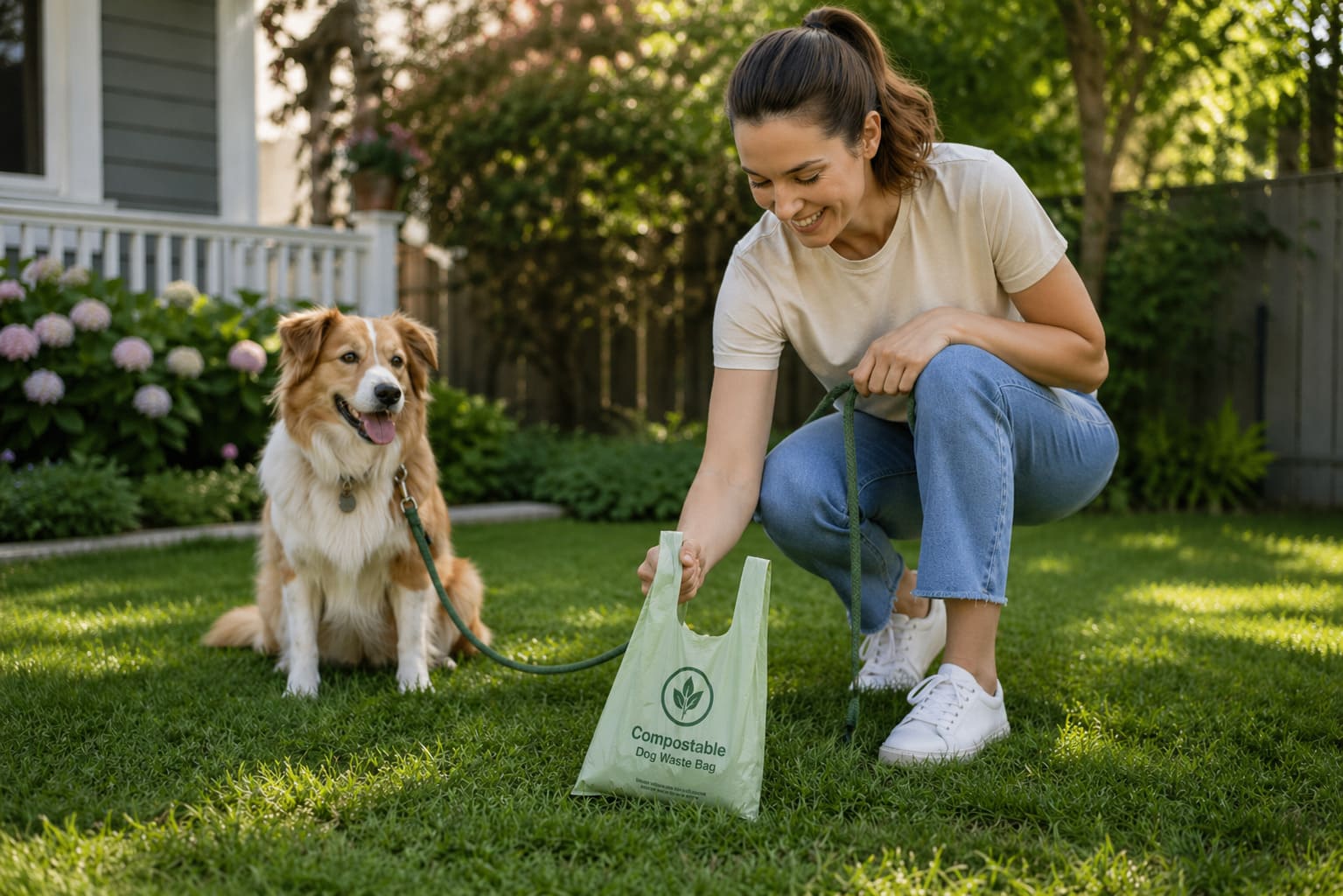 Compostable vest-style dog poop bags used during outdoor dog walk