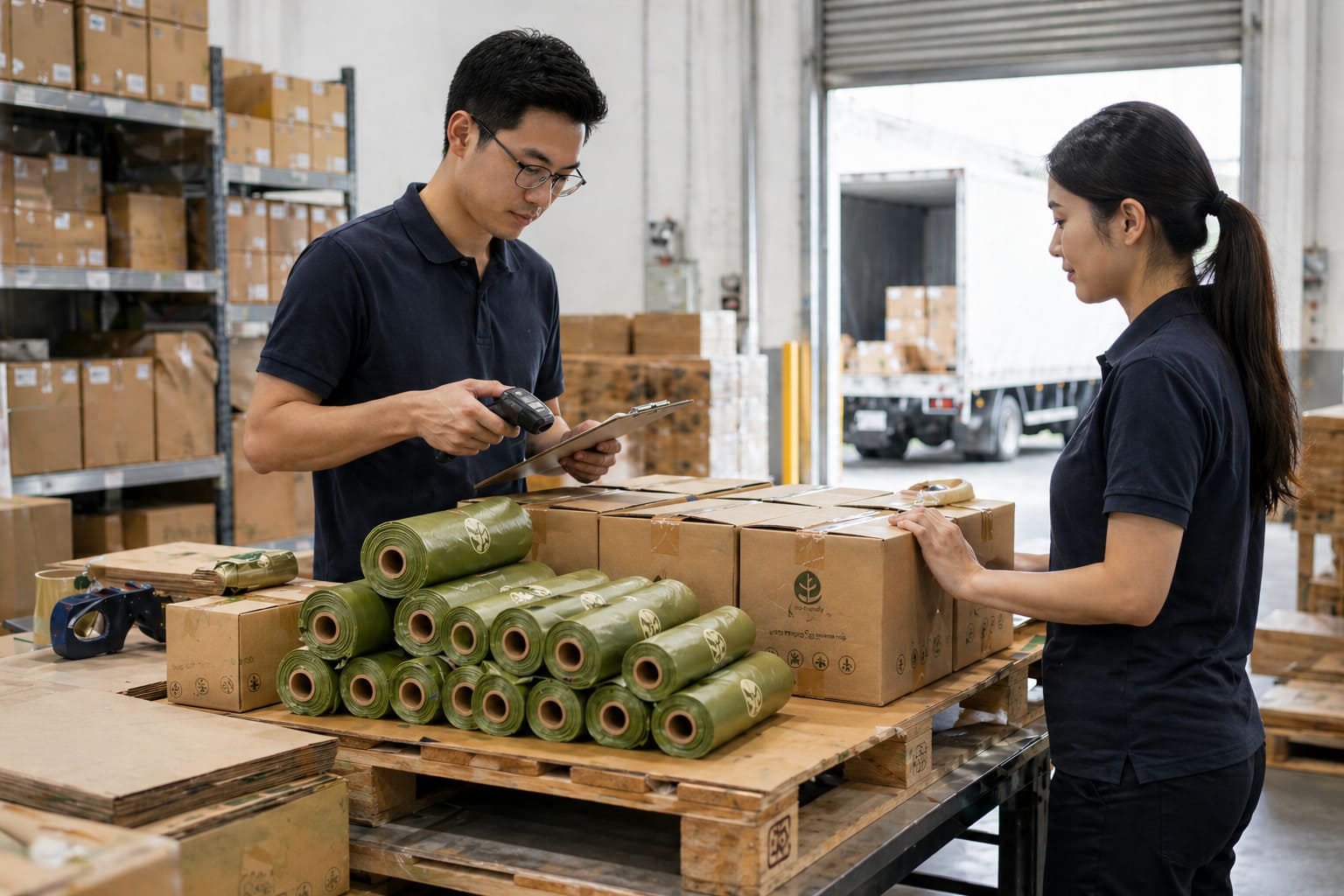 Xinrui eco-friendly dog poop bags stored in warehouse -- bulk supply for wholesalers and retailers