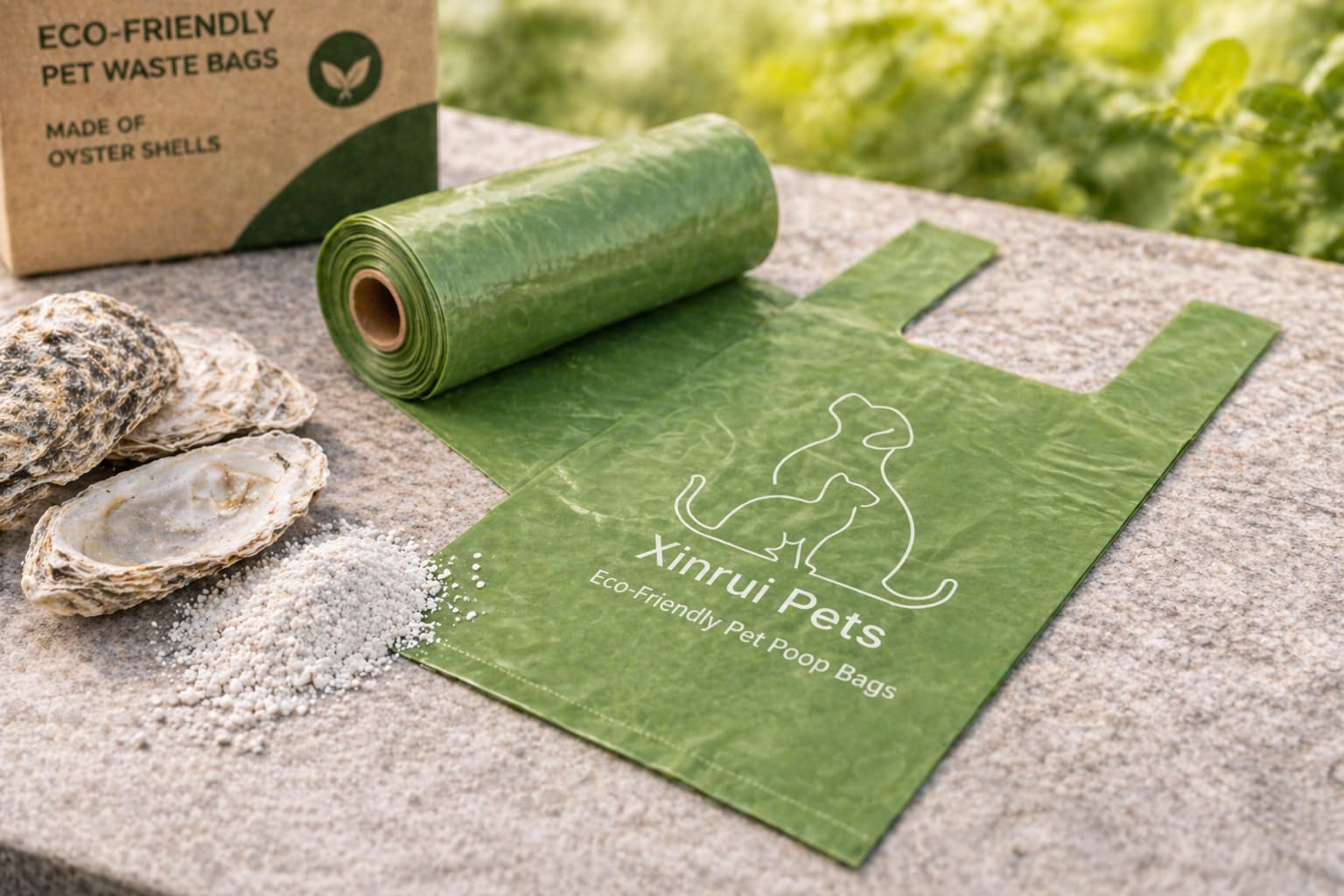 Dog poop bags made with oyster shell powder and recycled plastic