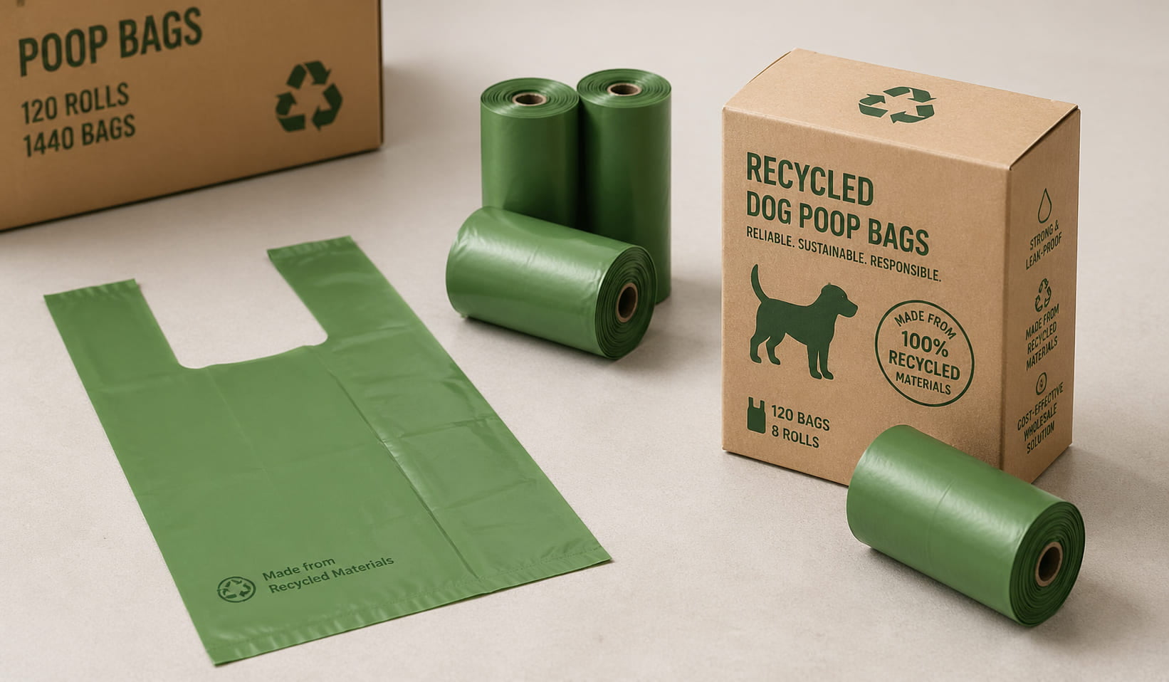 Eco-friendly dog poop bags made from recycled plastic and bio-based materials by Xinrui