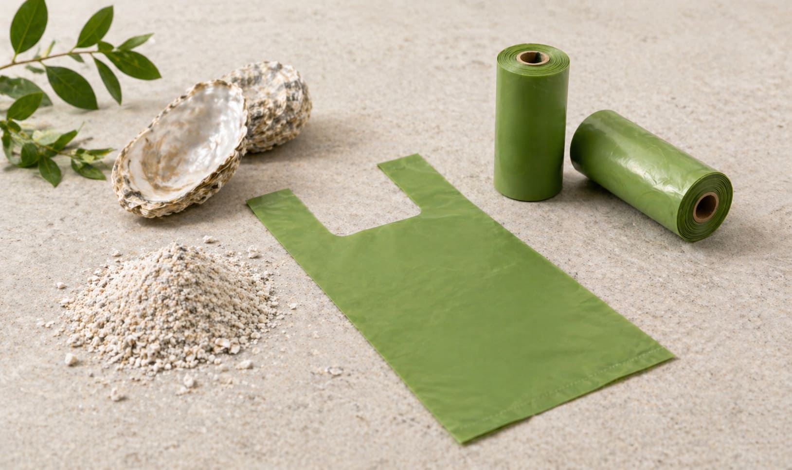 Oyster shell powder and recycled plastic -- raw materials for eco-friendly pet poop bags