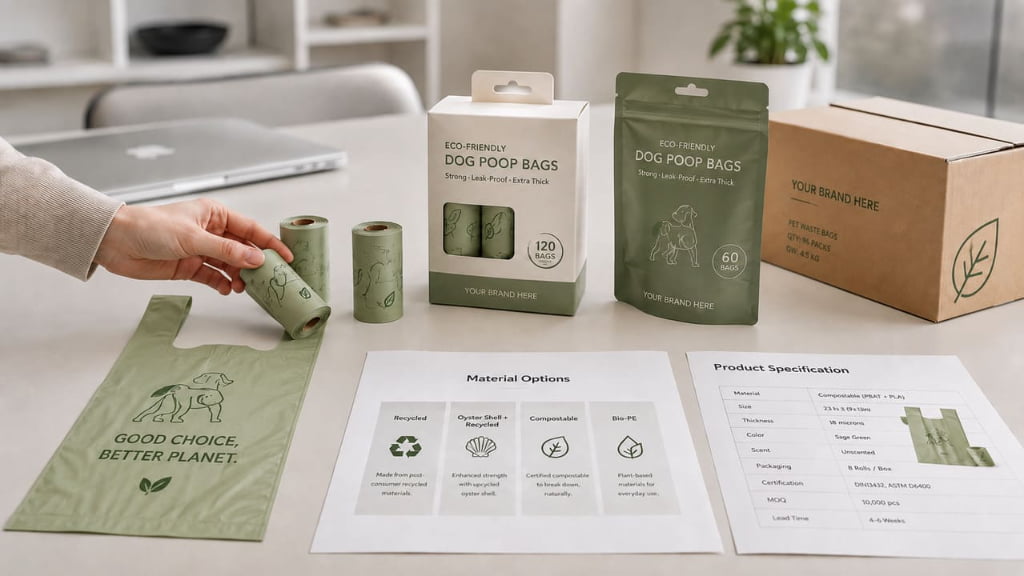 Recycled, oyster shell plus recycled, compostable, and Bio-PE dog poop bag material options