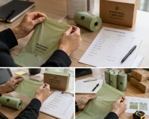 Buyer evaluating an Oyster Shell and Recycled dog poop bag sample for private label sourcing