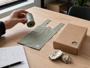 Private label oyster shell and recycled dog poop bag sample with packaging on a meeting table