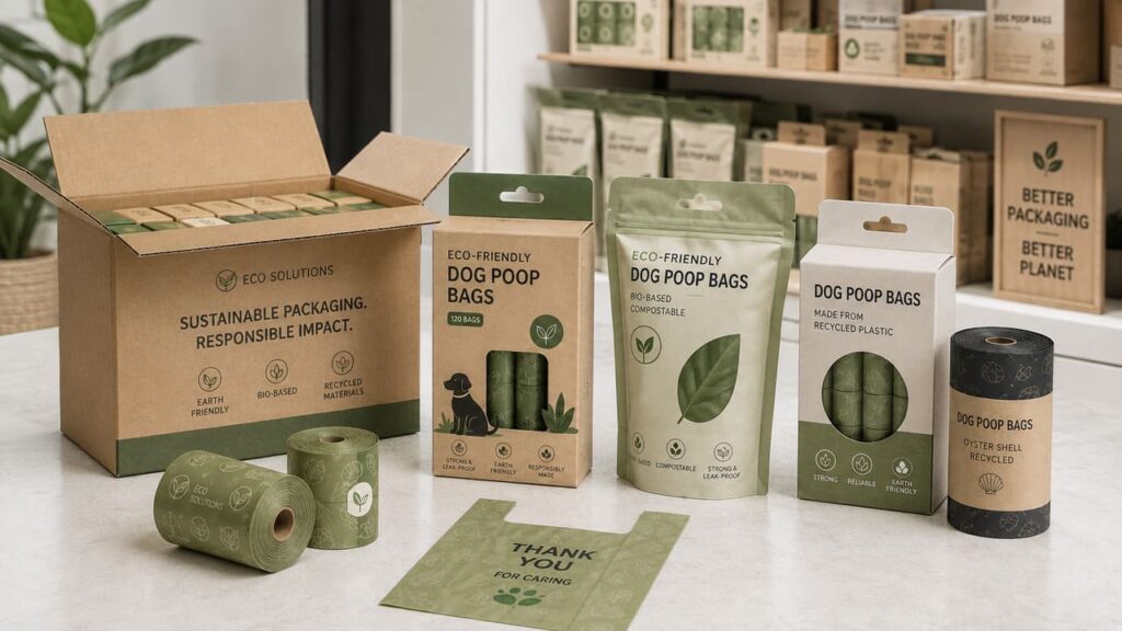 Private label dog poop bag packaging options with retail packs and wholesale cartons