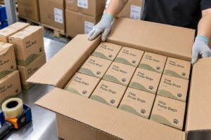 Retail packs of dog poop bags being packed into a master carton for shipment