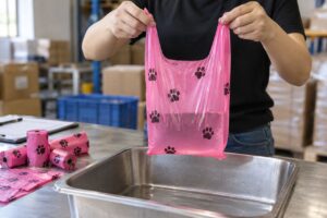 Quality-control leak and seal check of a dog poop bag during pre-shipment inspection