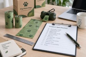 Dog poop bag specification review scene with sample bag, rolls, dispenser, ruler, and checklist on a desk
