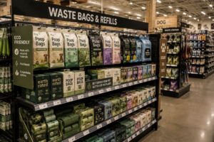 Dog poop bags displayed on a pet retail shelf with different material and sustainability positioning