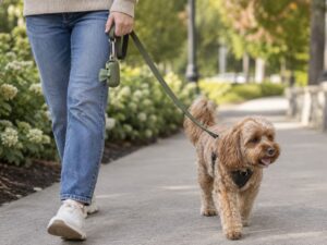 Dog walker using a waste bag dispenser during a walk with a dog in a park