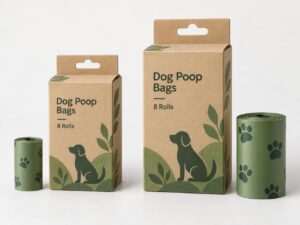 Comparison of 8-roll dog waste bag packaging showing how roll size affects box dimensions